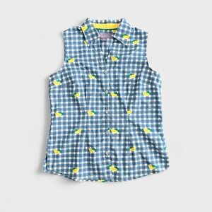 Laura Scott Button Up Plaid Lemon Print Blouse